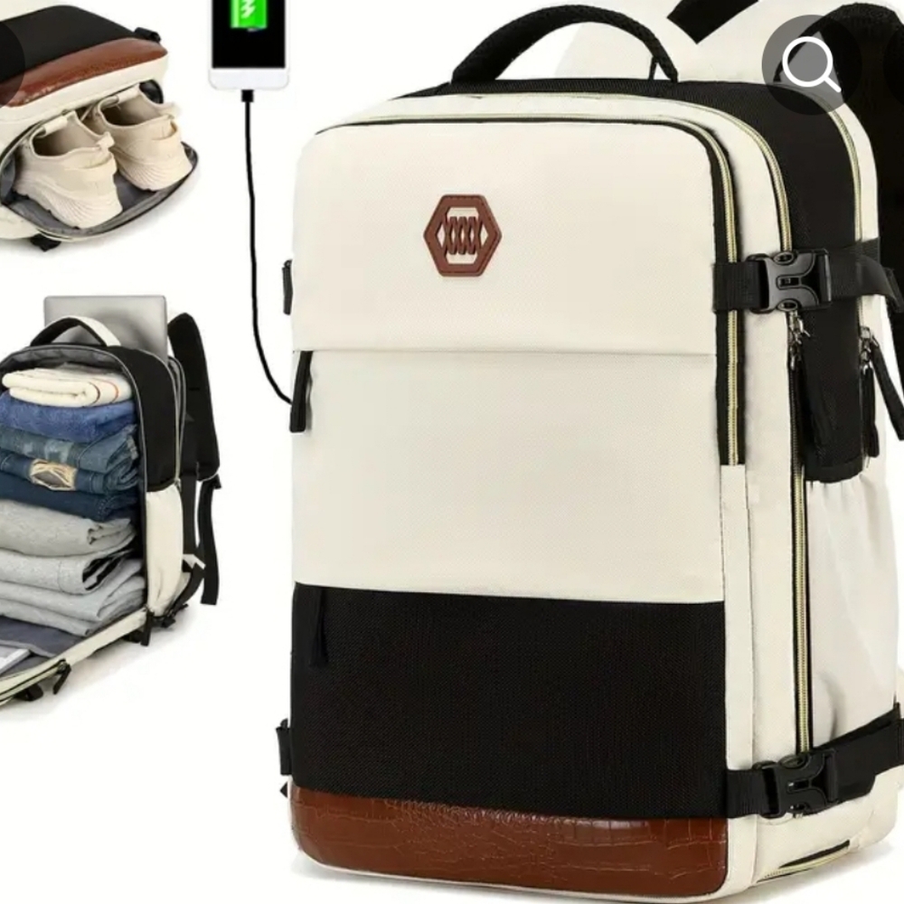 Stylish Black and White Backpack with USB Charging Port
